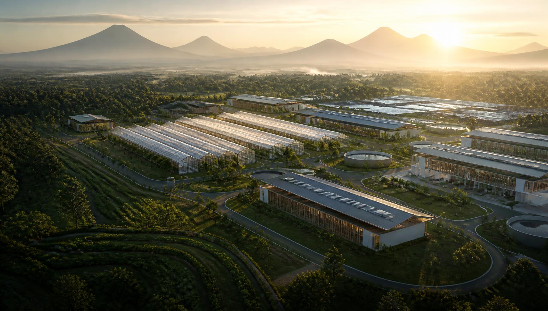 Aerial sunrise view of the Musanze Botanical Manufacturing Campus beneath the Virunga volcanoes
